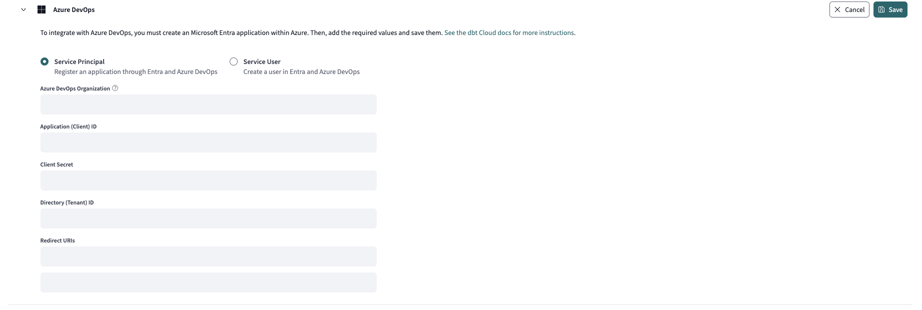 Fields for adding Entra ID app to dbt.